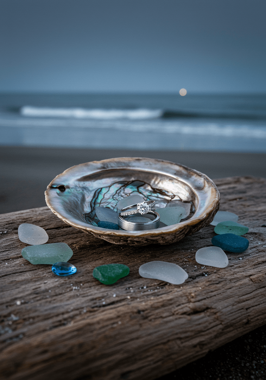 Macro view of platinum wedding bands in iridescent abalone shell with mystical moonlight reflections on coastal shoreline