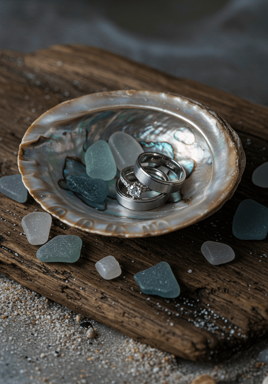 Wedding rings in vintage mother-of-pearl shell surrounded by moonstone gems and sea glass on weathered driftwood under moonlight
