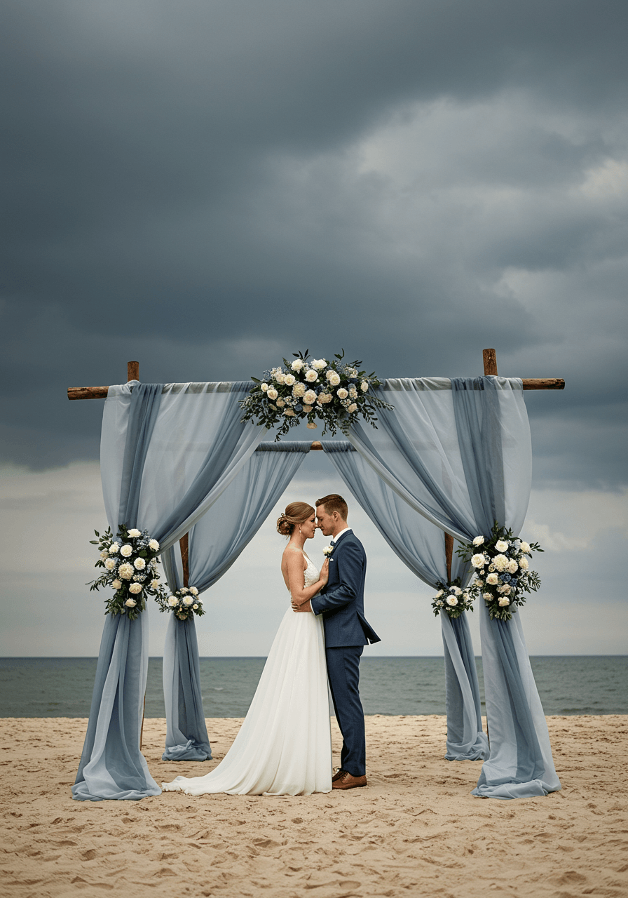 Bride and groom embracing under dramatic fabric canopy of grey and slate blue chiffon mimicking storm clouds at oceanside venue
