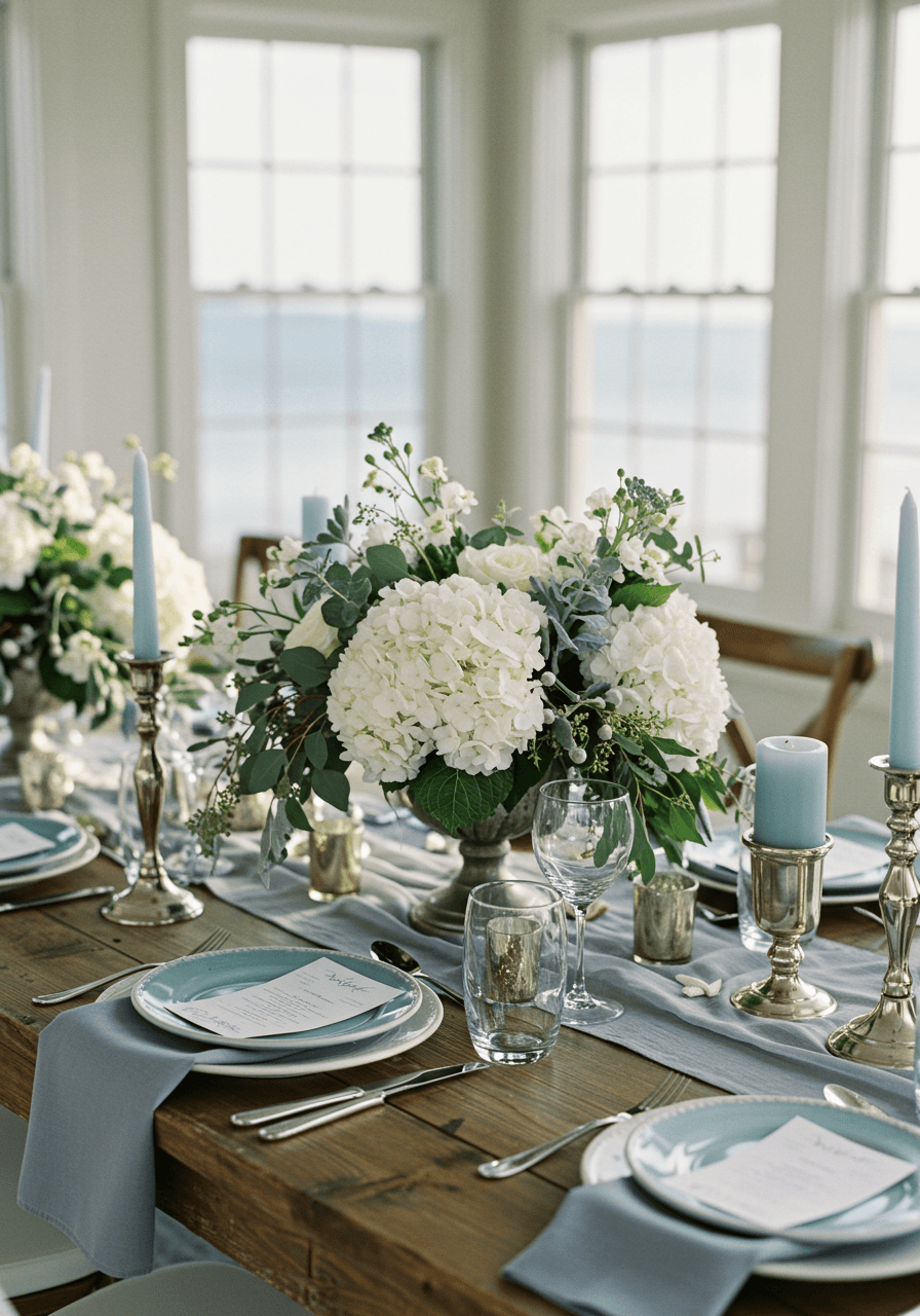 Elegant slate blue floral centerpiece with white hydrangeas and eucalyptus on grey linens atop rustic wooden table