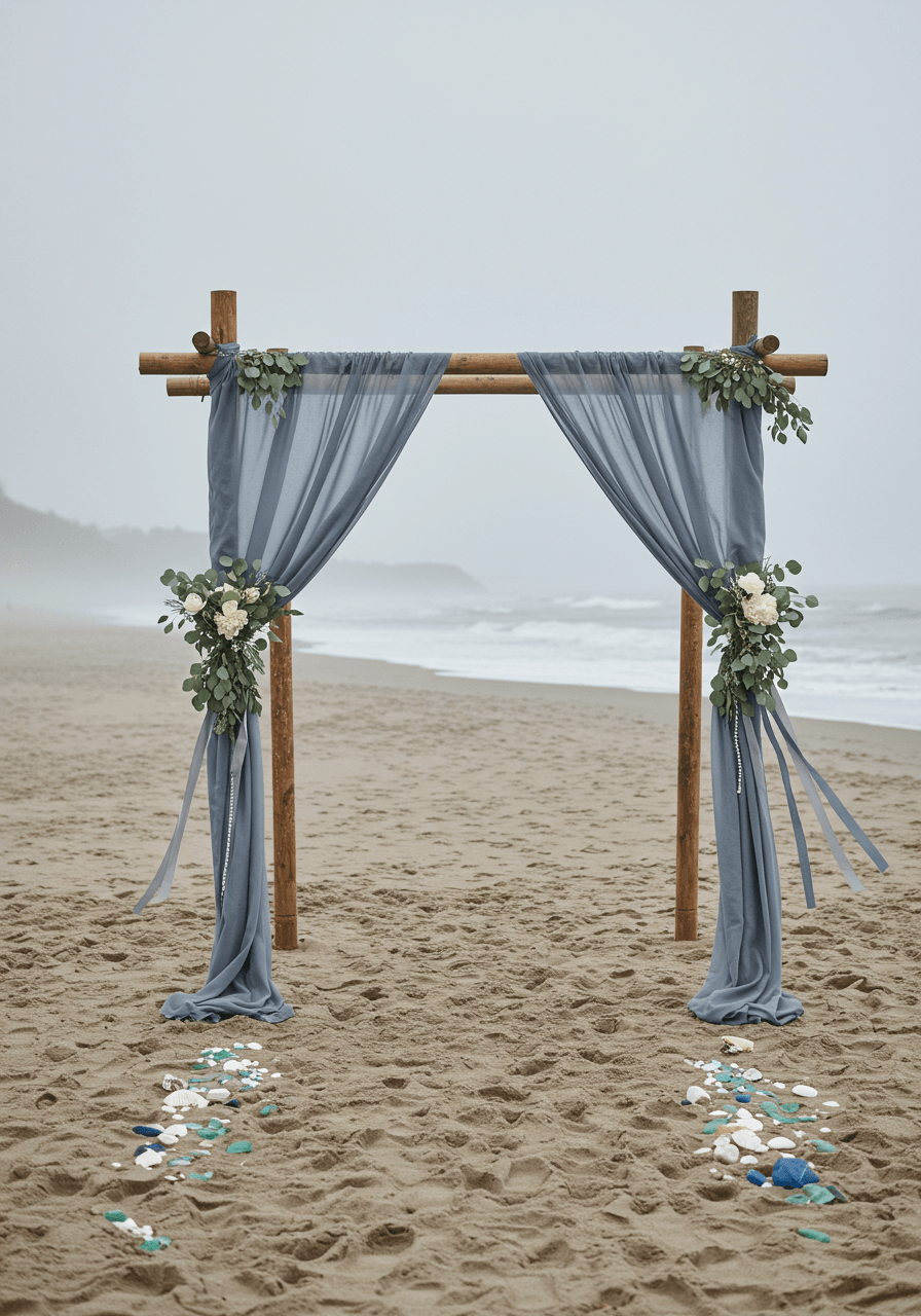 Wide panoramic view of beach wedding arch installation with morning fog drifting across sandy shoreline