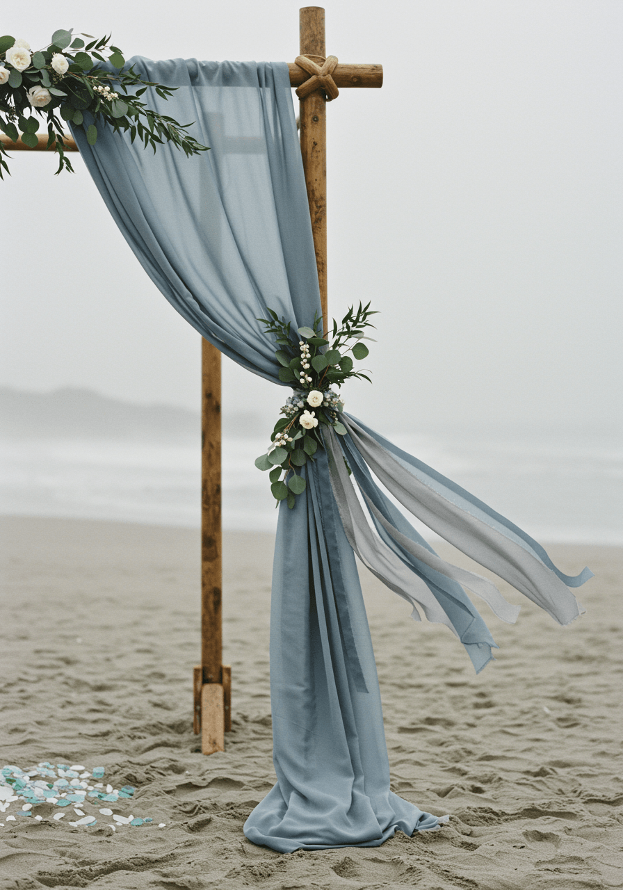 Vintage wooden wedding arch with flowing slate blue and grey silk ribbons on misty beach during early morning