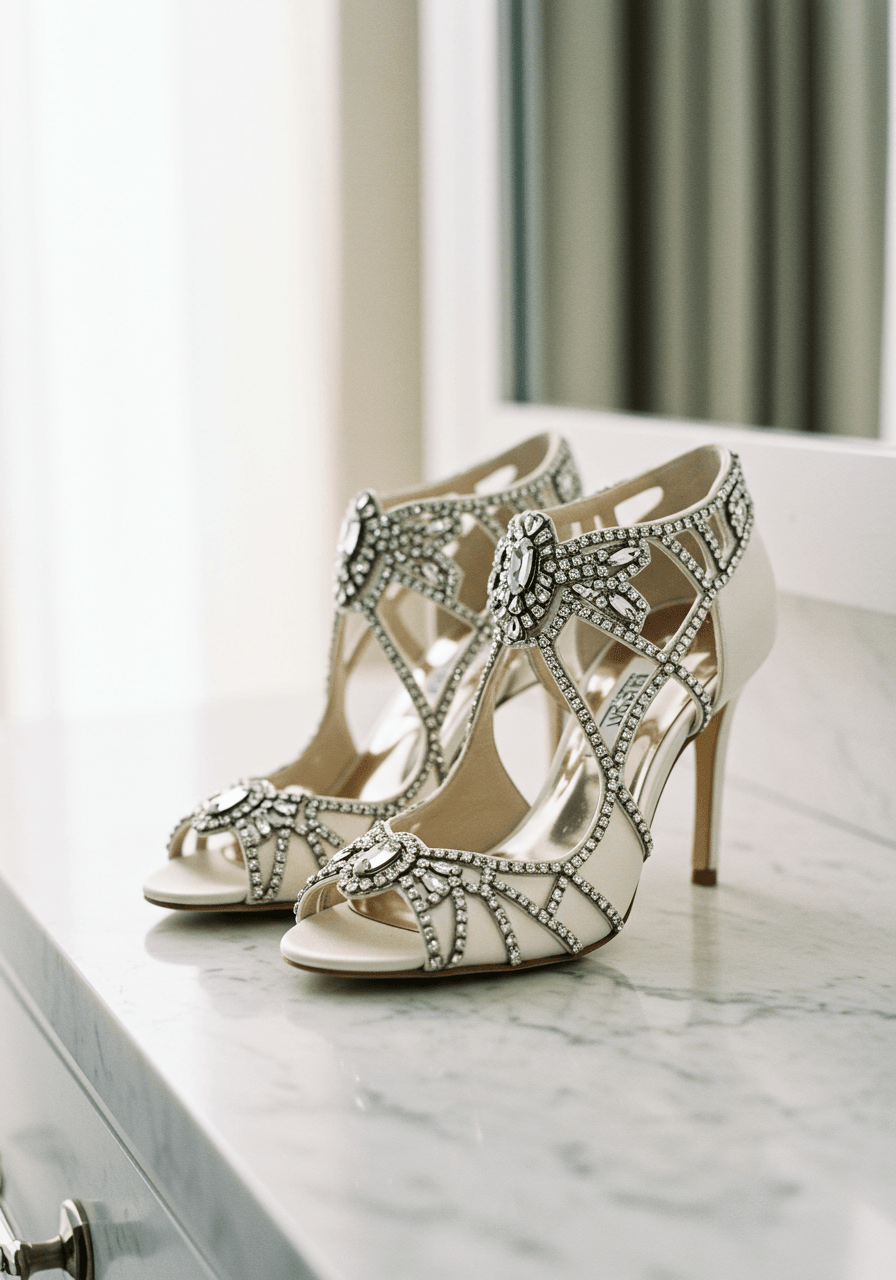 Elegant bridal shoes featuring geometric crystal patterns and Art Deco embellishments displayed on marble vanity in contemporary suite