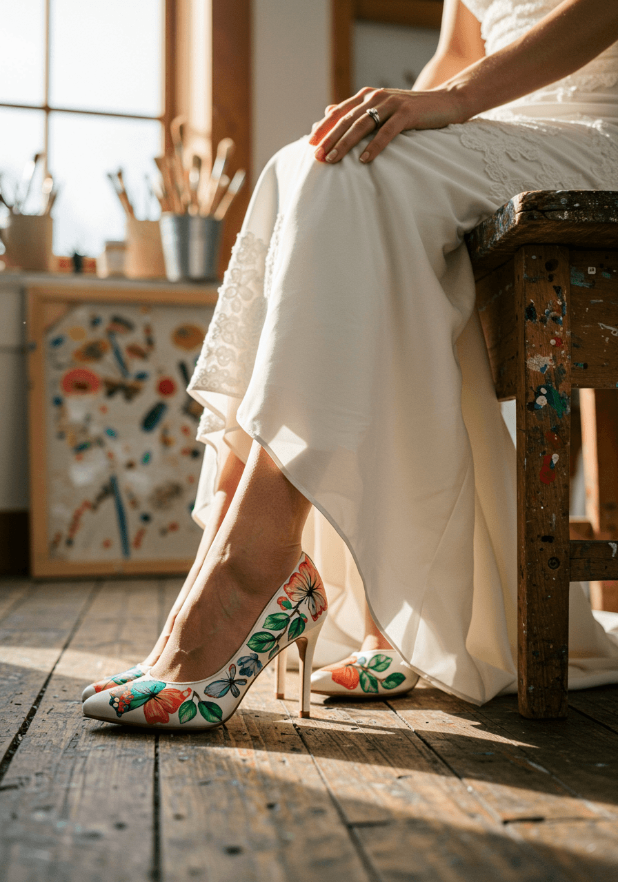 Vibrant hand-painted bridal shoes with artistic butterfly designs displayed on vintage wooden easel in sunlit artist's studio