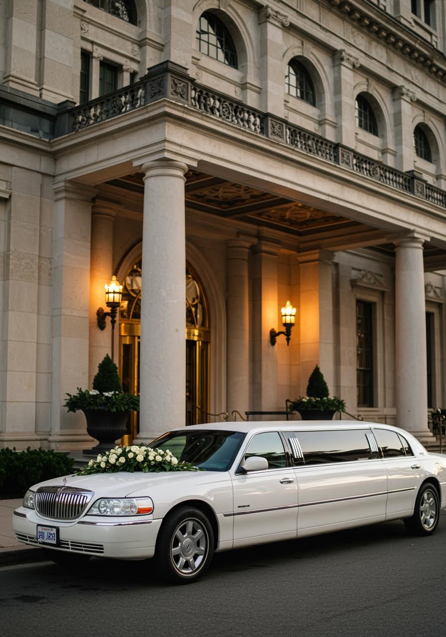 Sleek white stretch limousine with tinted windows positioned before elegant hotel entrance with marble columns