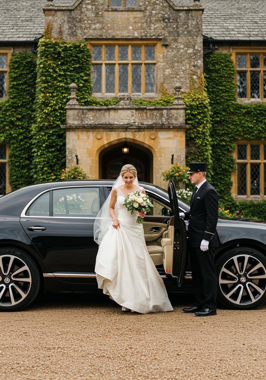 Bride in flowing white wedding gown gracefully stepping from black Bentley Mulsanne with uniformed chauffeur