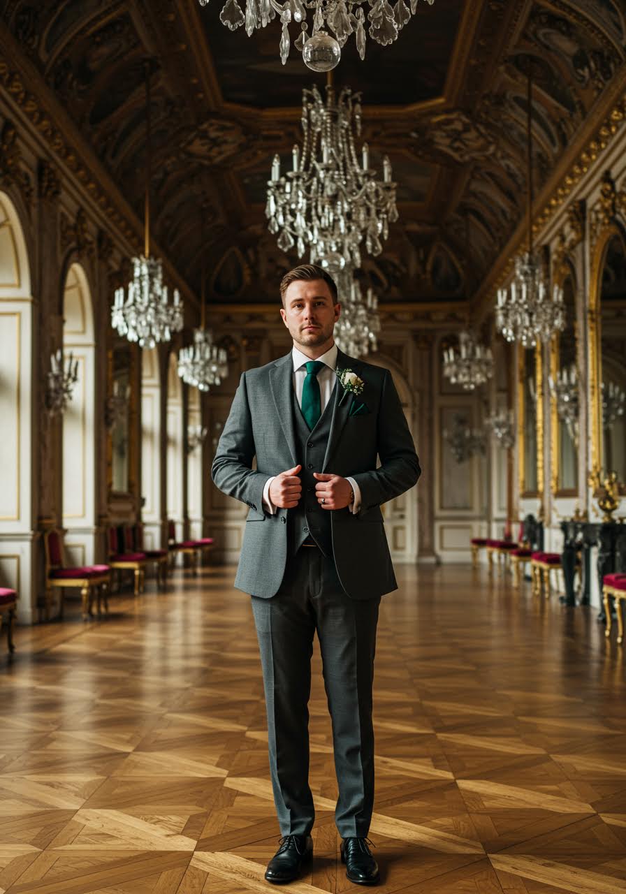 Regal groom in charcoal three-piece suit with emerald green velvet waistcoat standing in ornate baroque palace ballroom