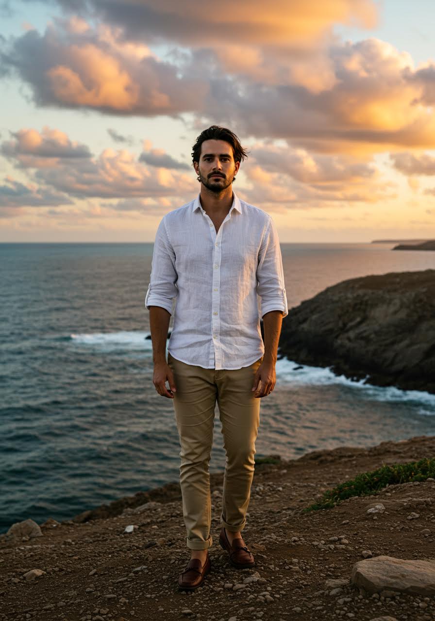 Confident groom in crisp white linen shirt and khaki chinos standing on dramatic clifftop overlooking vast ocean during golden hour