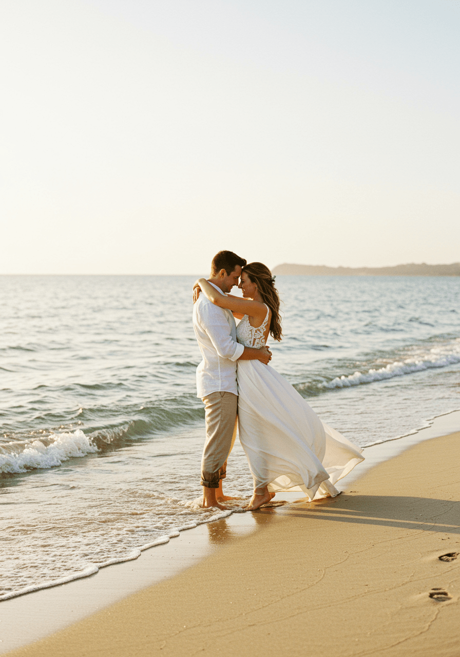 Bride and groom embracing at beach water's edge during golden hour with flowing dress