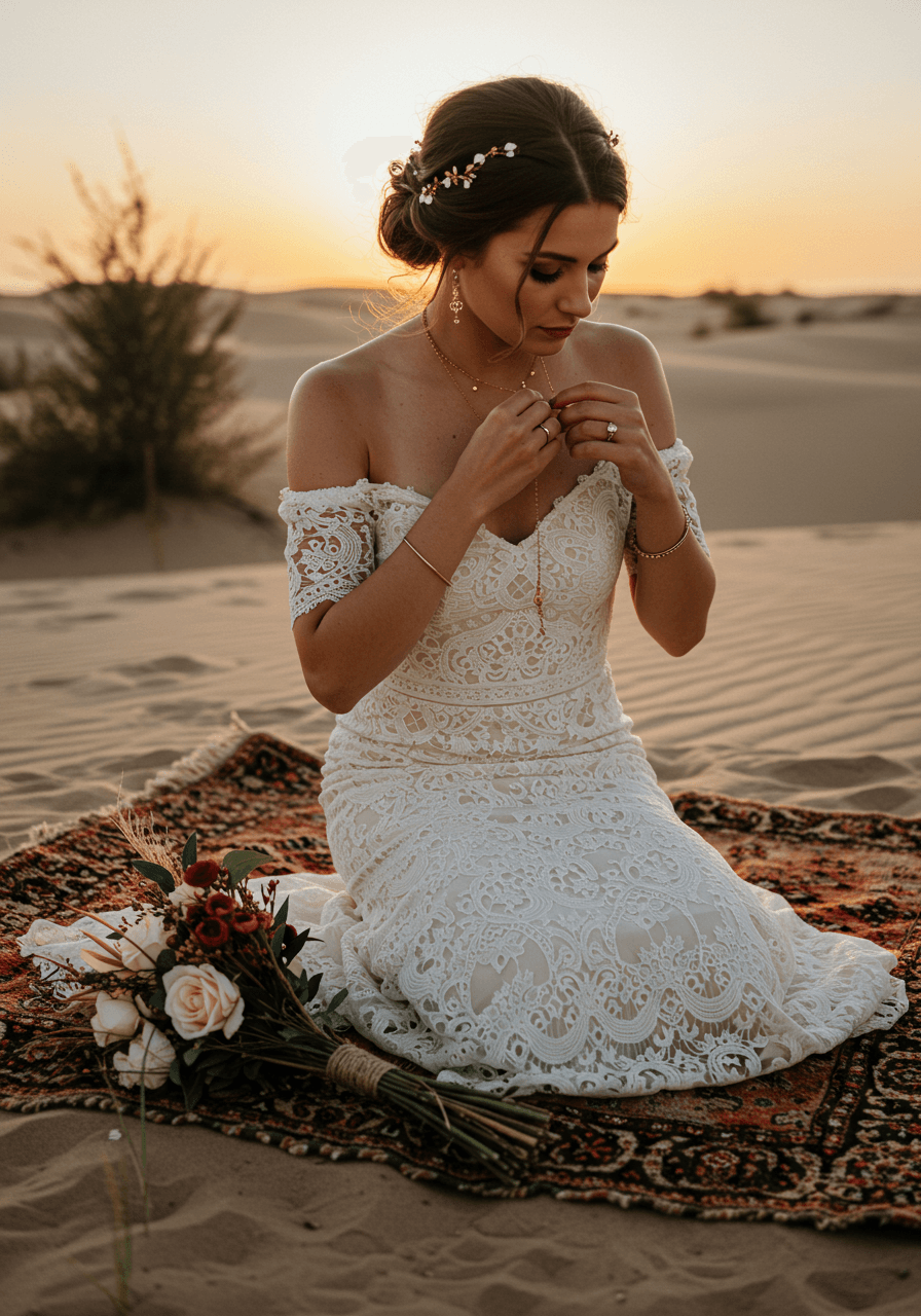 Bohemian bride in desert setting adjusting gold jewelry on Moroccan rug during golden hour