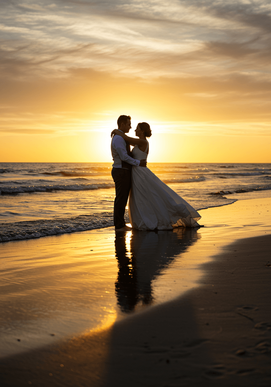 Newlywed couple embracing on beach during golden hour with waves and sunset horizon