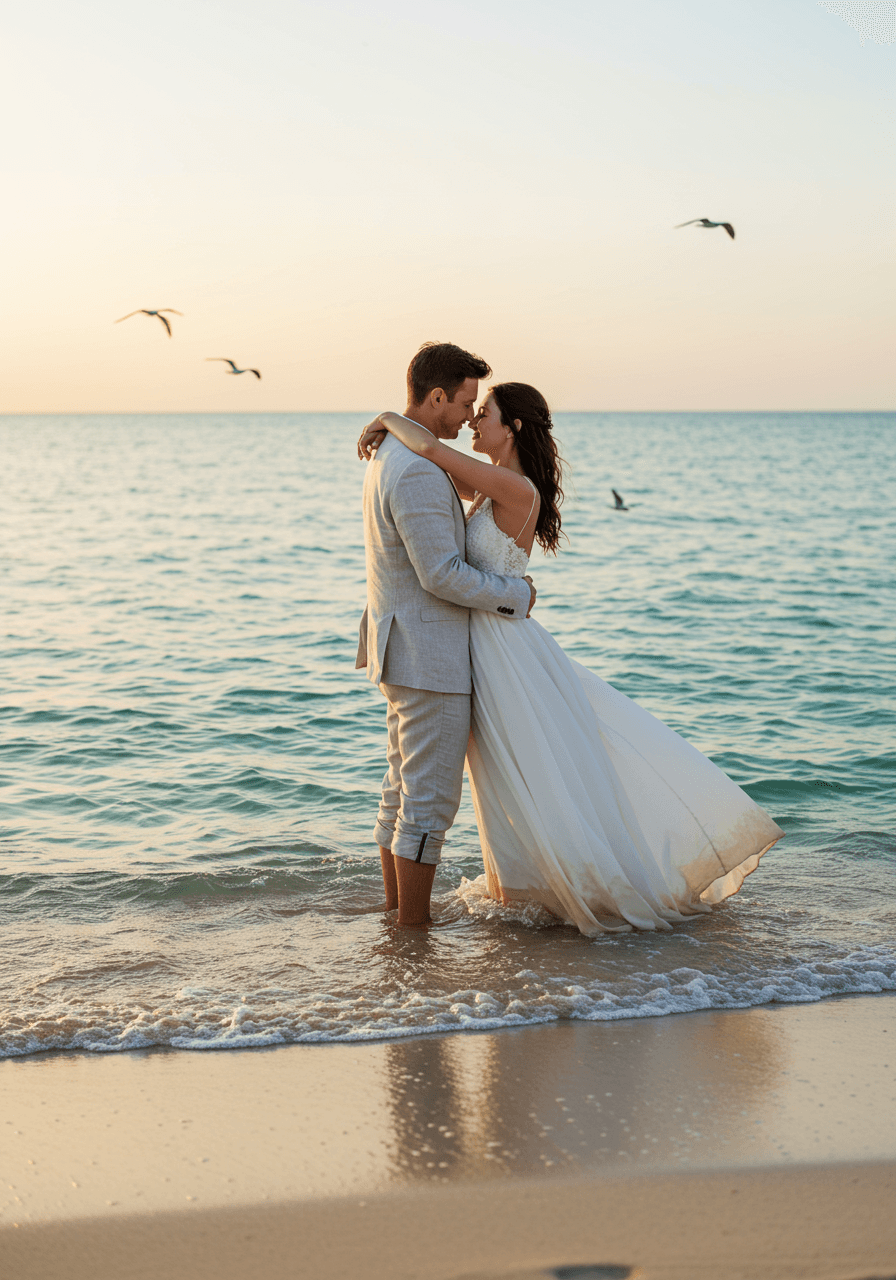 Bride in flowing gown and groom wading knee-deep in ocean waves during golden hour