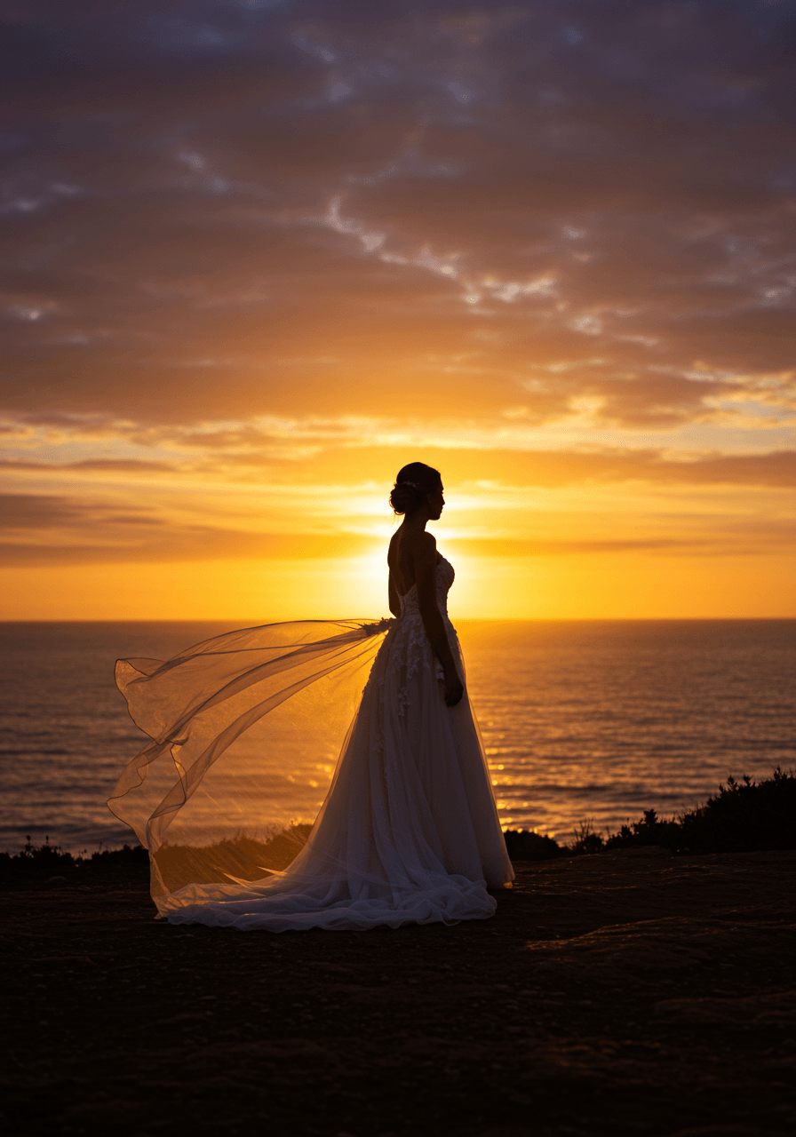 Bride in flowing gown with long train standing on cliff overlooking ocean at sunset