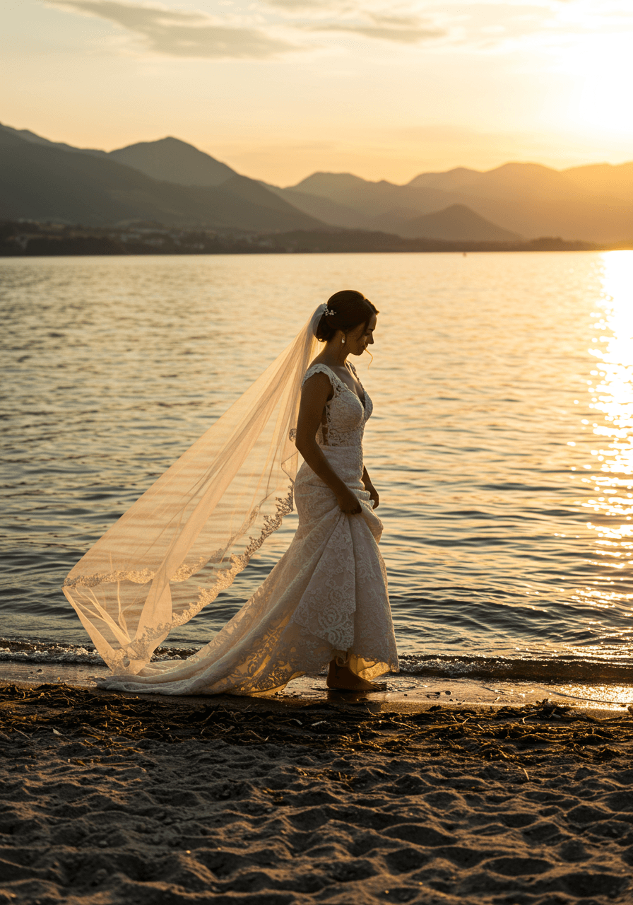 Bride in intricate lace dress with cathedral veil walking along lake shoreline at sunset