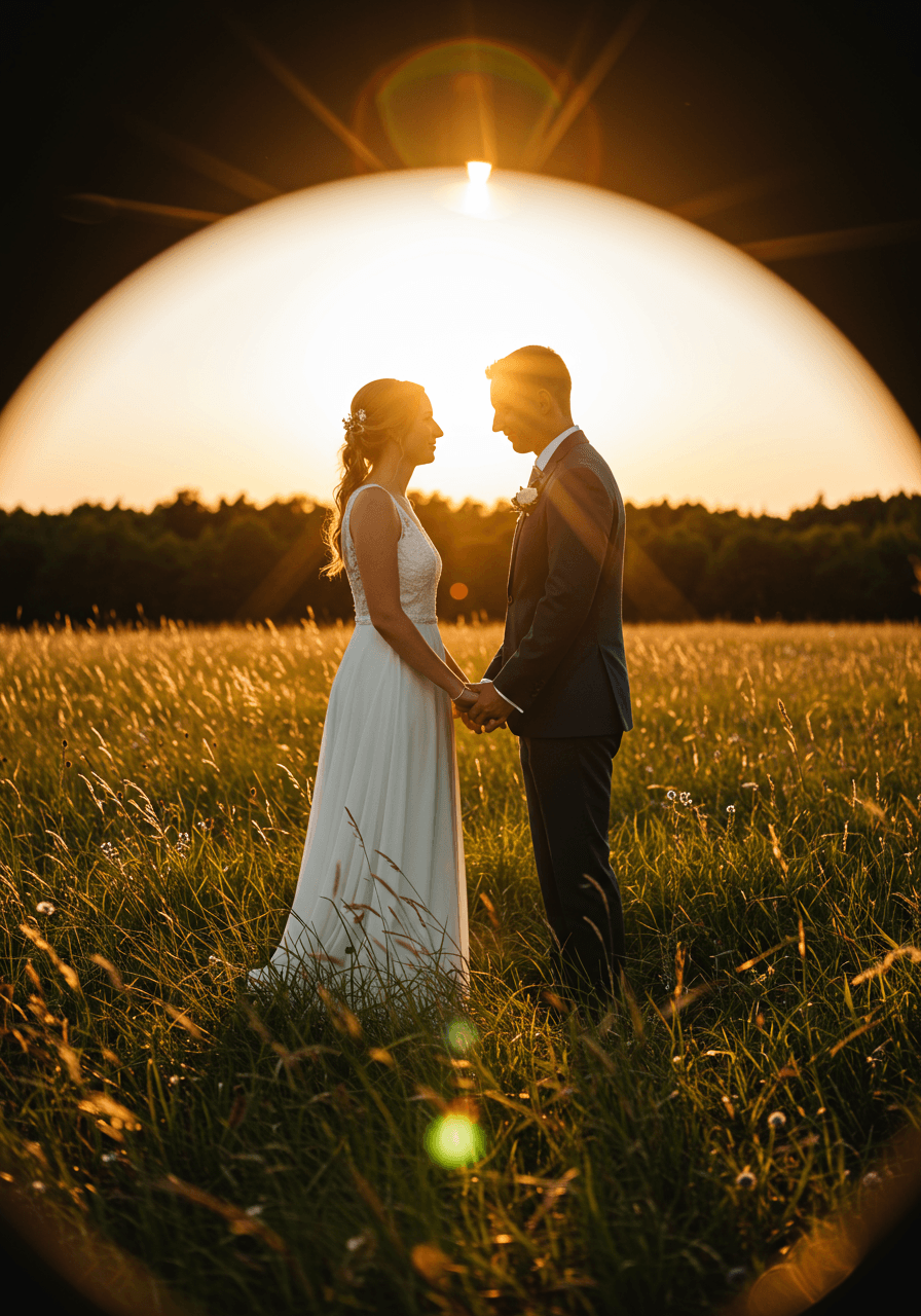 Romantic couple gazing at each other in wildflower meadow with golden sunlight