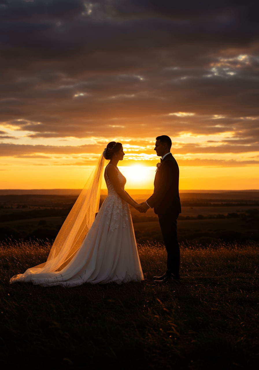 Bride and groom silhouetted against golden sunset sky on hilltop with flowing wedding dress