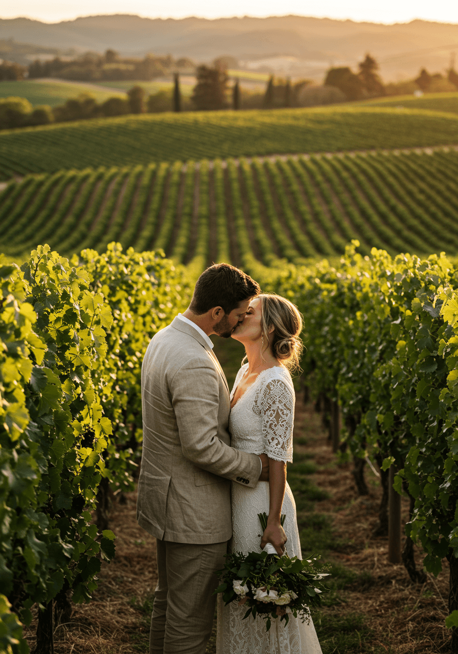 Vineyard wedding couple sharing romantic kiss among grapevines at sunset