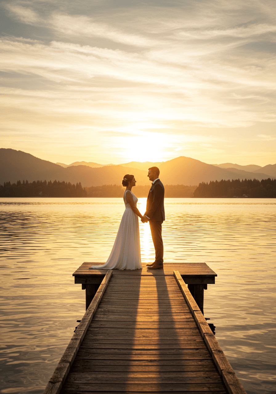 Bride and groom standing on wooden dock over calm lake during golden hour