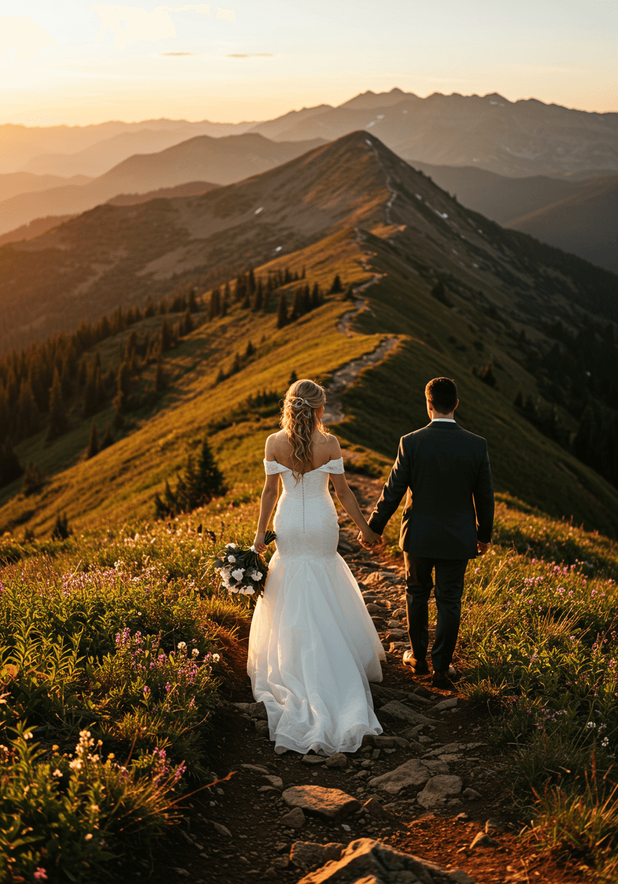 Bride and groom walking hand-in-hand along mountain ridge trail during golden hour
