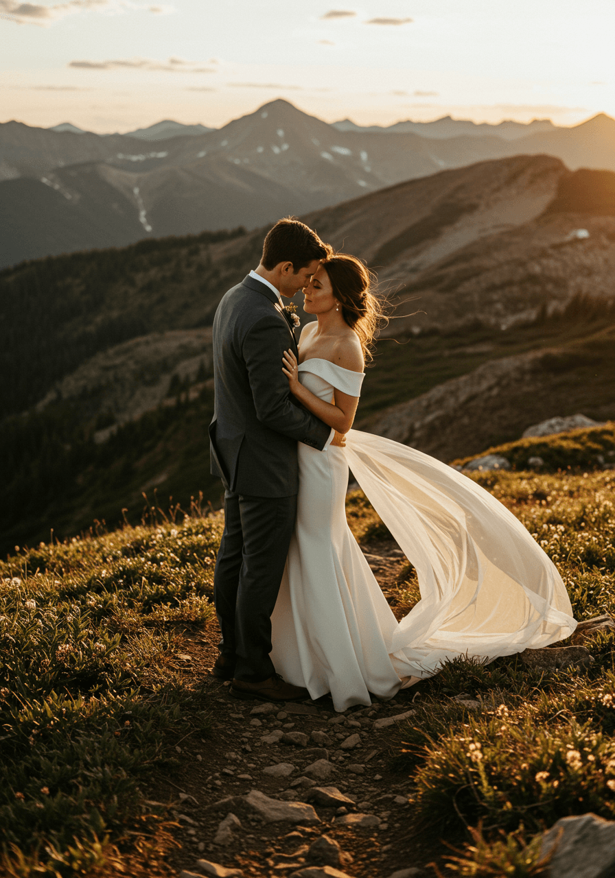 Mountain wedding couple embracing on alpine trail with distant peaks and wildflowers