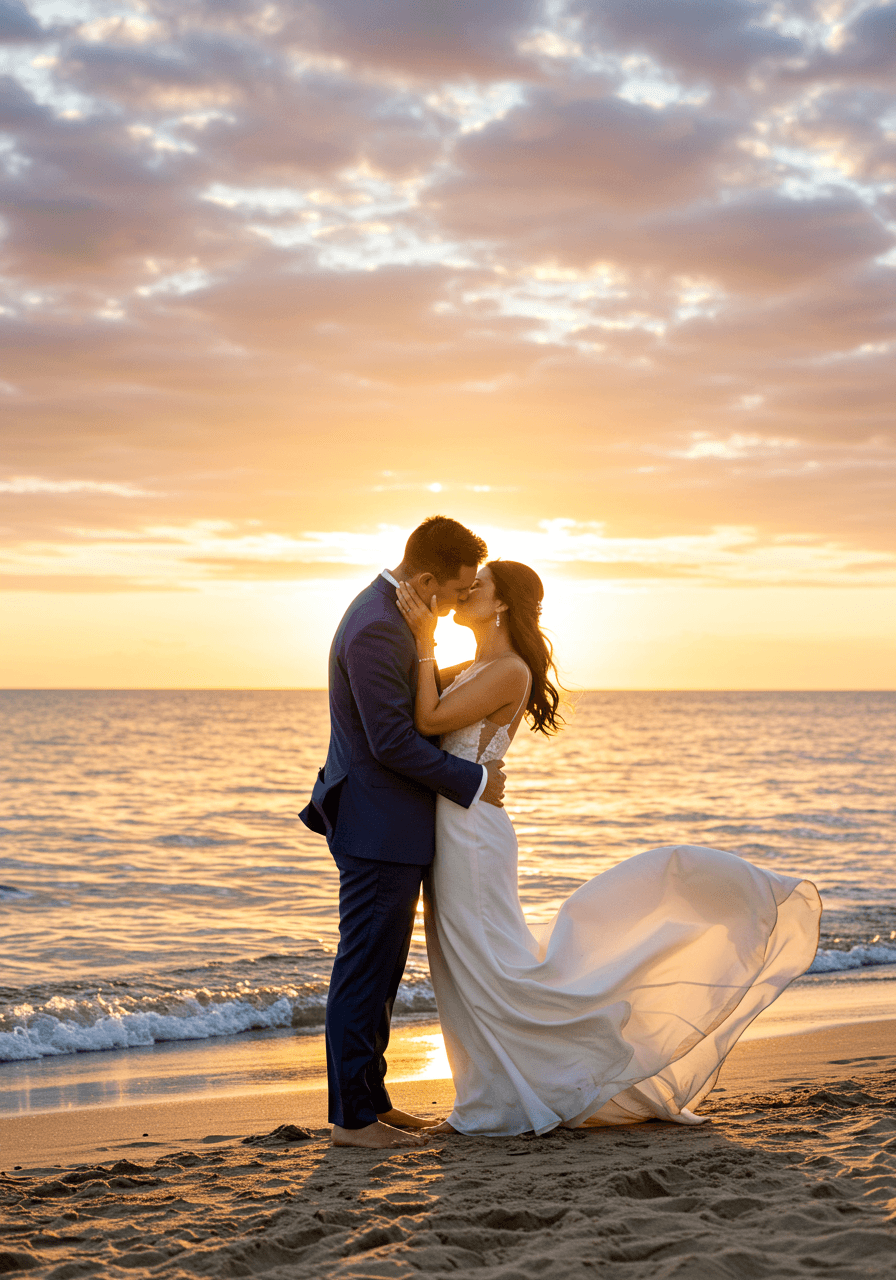 Bride in flowing gown and groom in navy suit embracing on beach shoreline at sunset