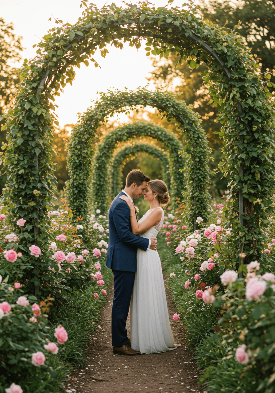 Bride and groom embracing in romantic garden with blooming roses and ivy archways