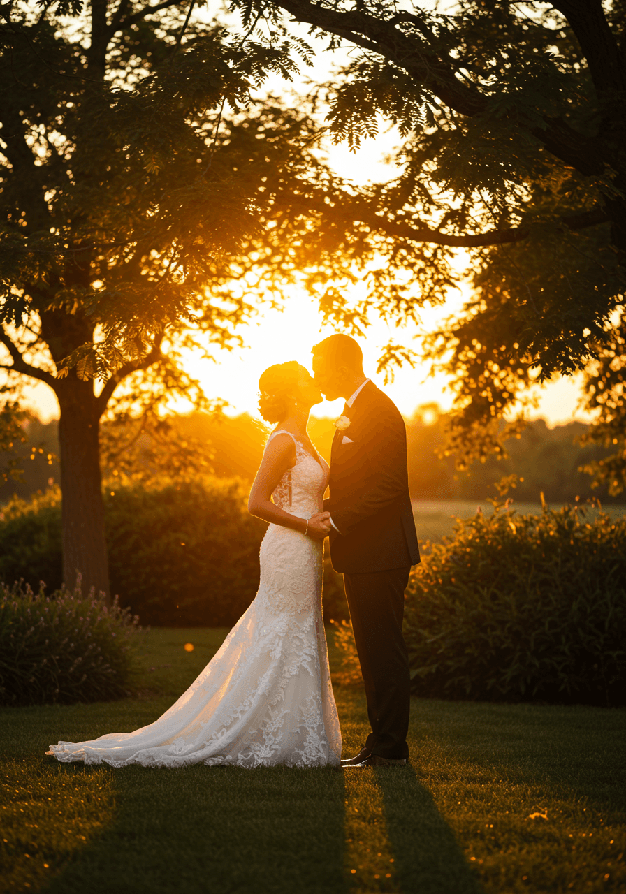 Romantic wedding kiss backlit by golden sunset in outdoor garden with lens flare