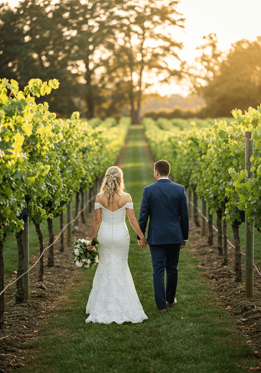 Bride and groom walking hand-in-hand through sun-dappled vineyard pathway