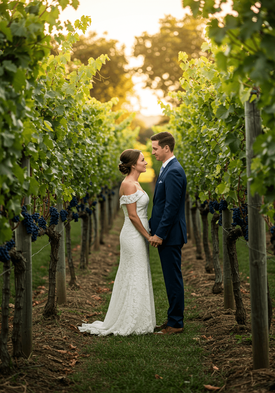 Wedding couple admiring vineyard landscape during romantic golden hour stroll