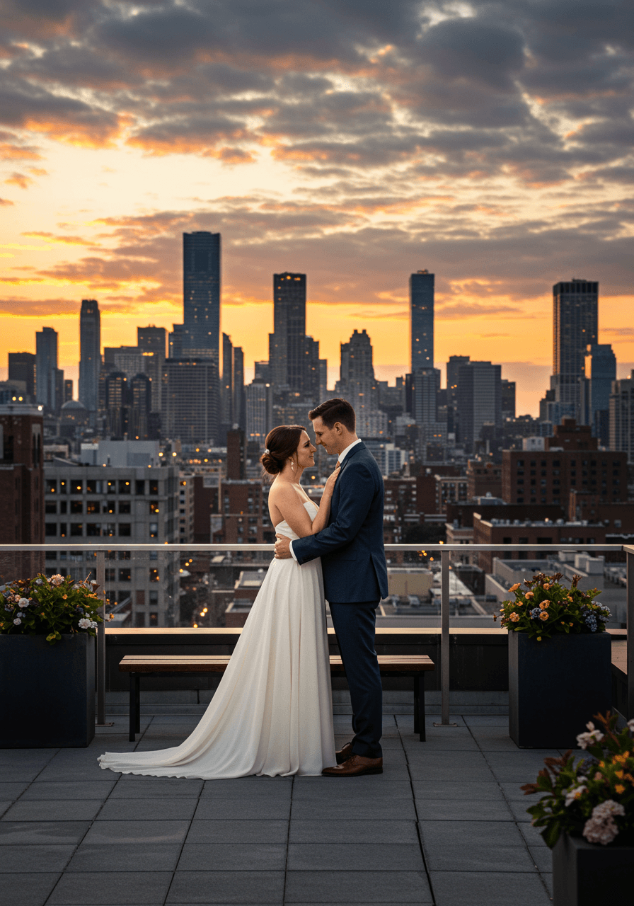 Bride and groom embracing on rooftop terrace with city skyline during golden hour