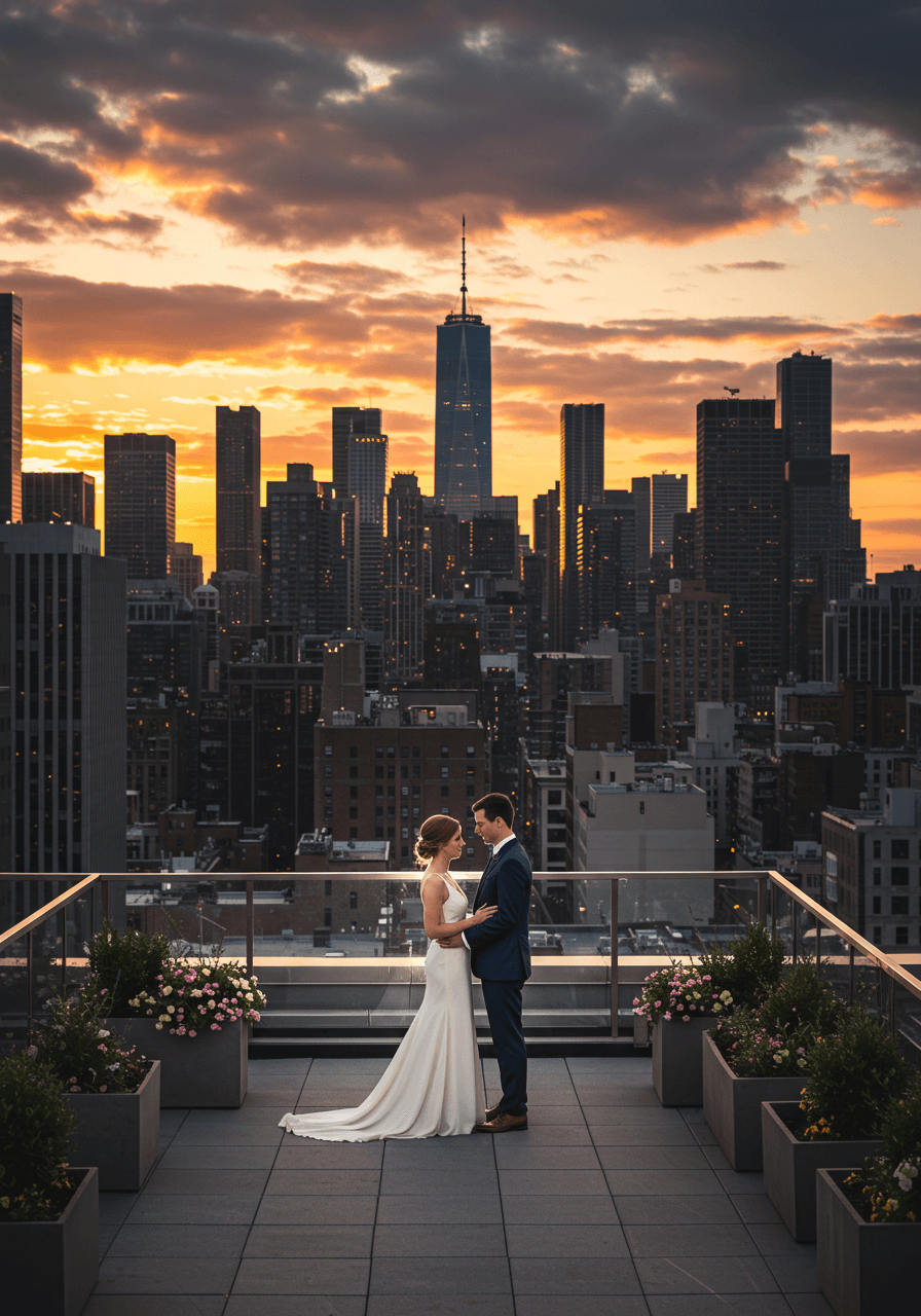 Aerial cityscape view with wedding couple on rooftop at sunset with urban lights