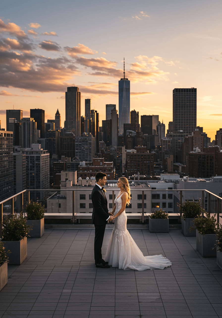Overhead view of bride and groom on urban rooftop terrace during golden hour