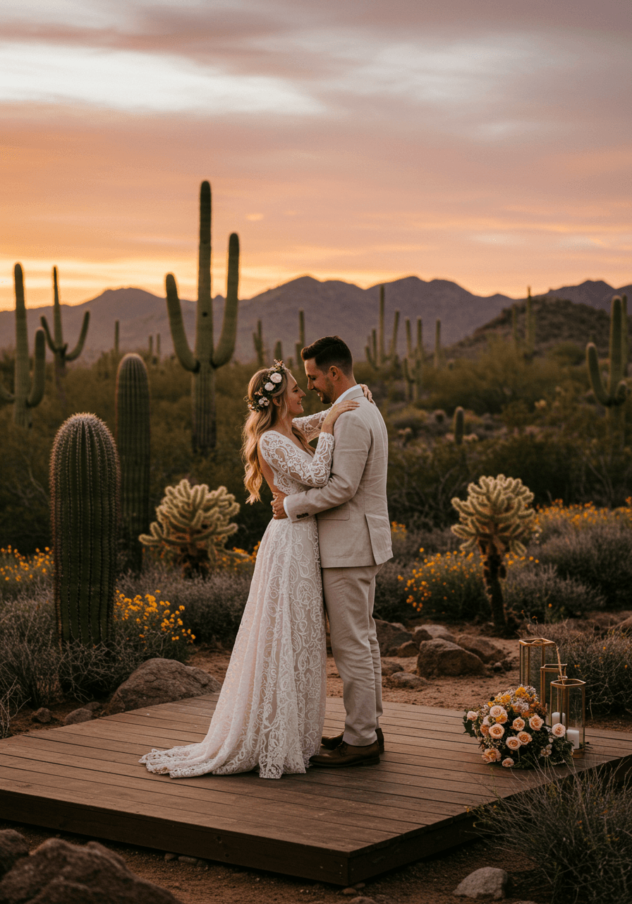 Bohemian bride and groom first dance among saguaro cacti during desert sunset
