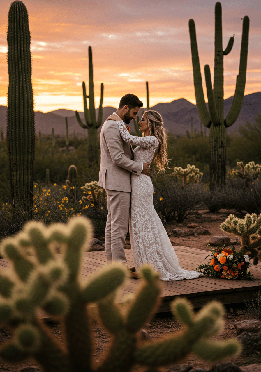 Close-up of desert wedding couple dancing with saguaro cacti and mountain backdrop