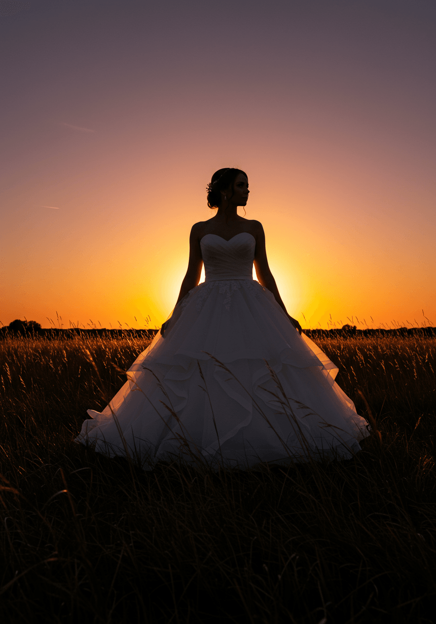 Bride in dramatic ballgown creating silhouette in tall grass field against sunset sky