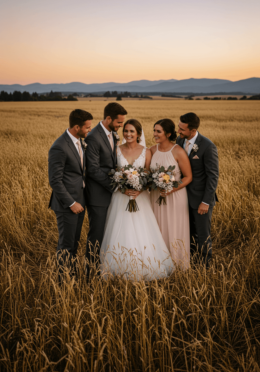 Wedding party gathered in intimate circle in wheat field during golden hour