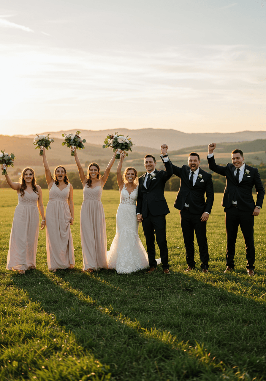 Wedding party celebration group embracing and laughing in meadow at sunset