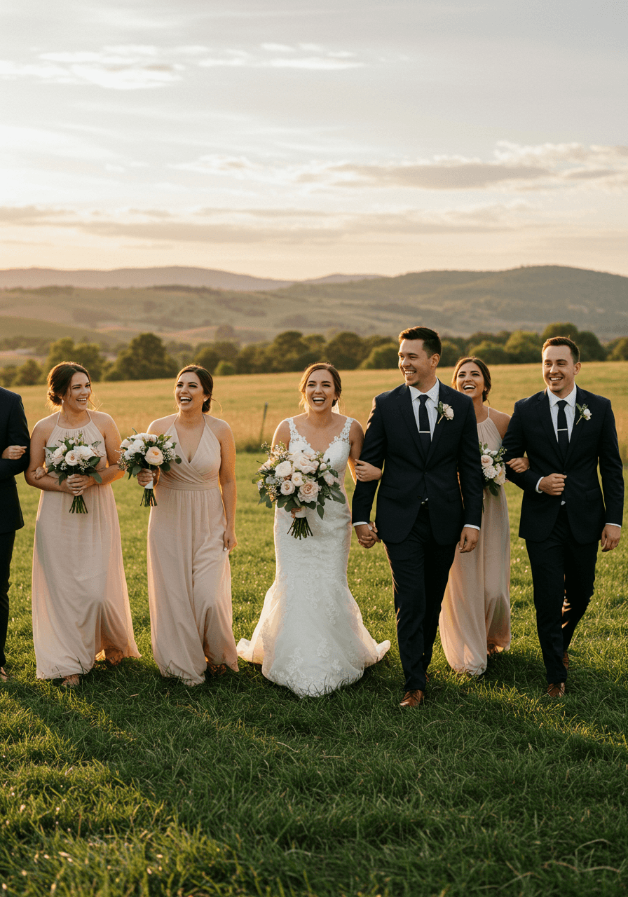 Wedding party of six walking together across meadow with rolling hills during golden hour