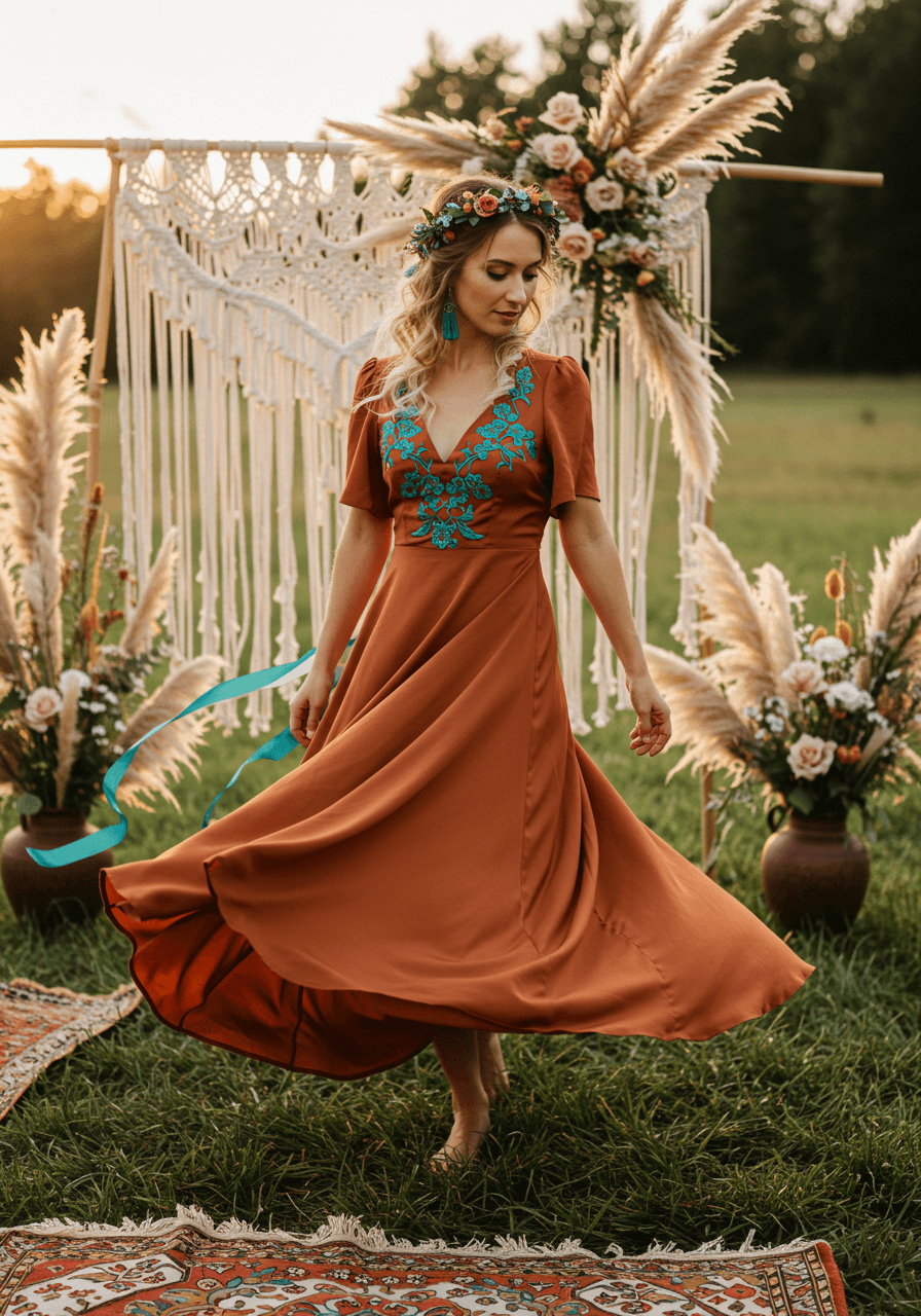 Free-spirited bride twirling in flowing dress with macramé backdrops and pampas grass installations
