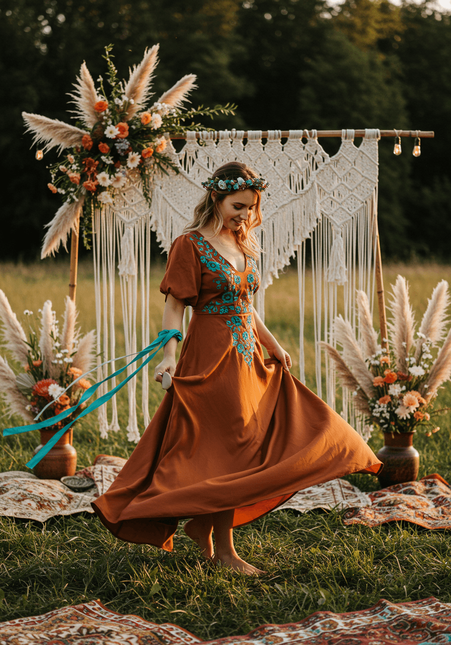 Bohemian bride dancing barefoot in terracotta silk dress at outdoor festival-style meadow wedding