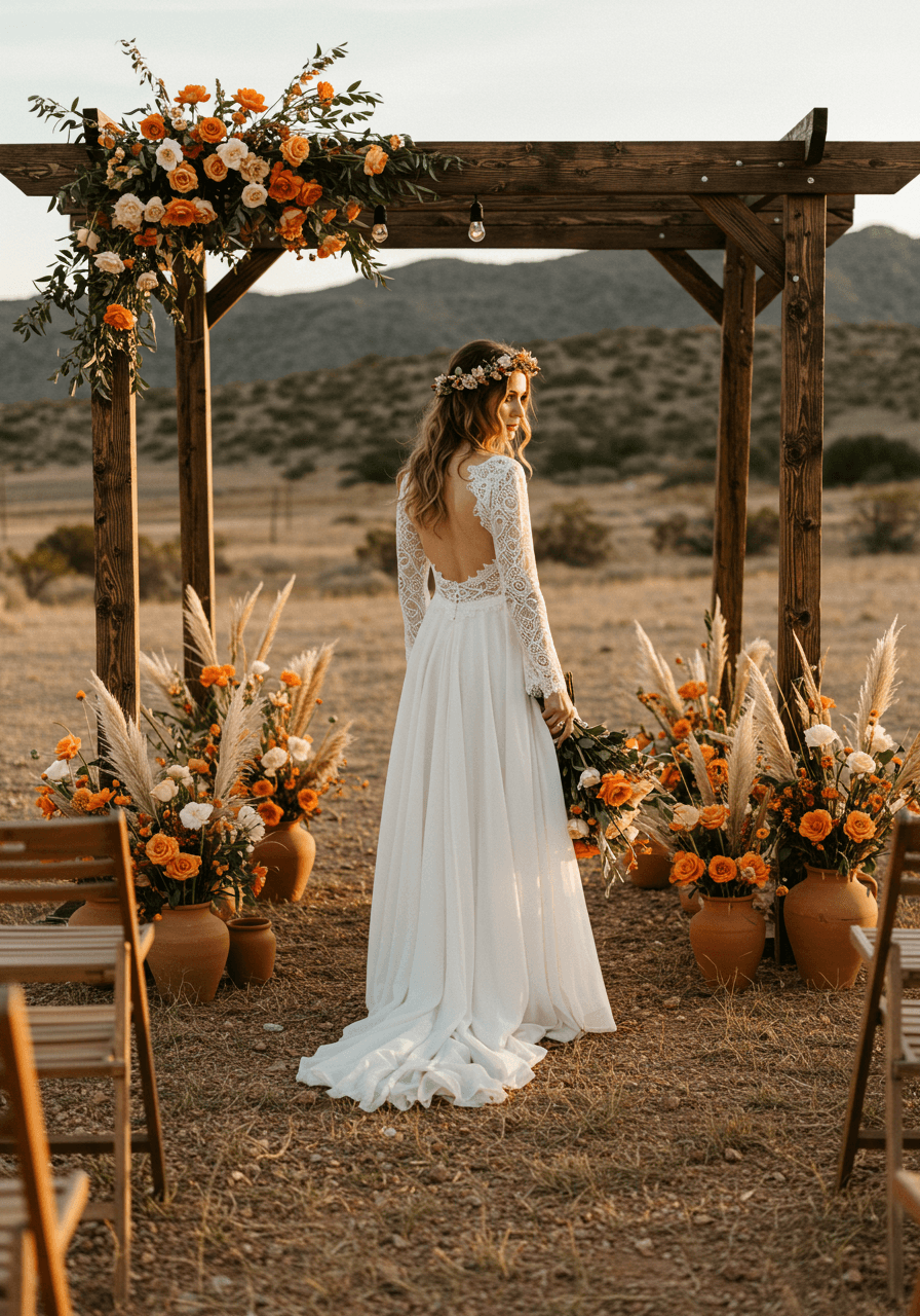 Bohemian bride in lace dress among wildflowers with wooden arbour and terracotta pottery