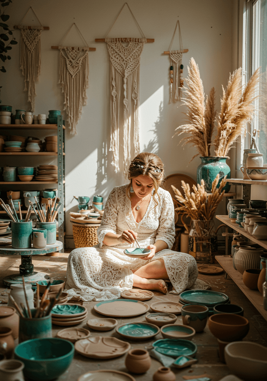 Bohemian bride painting ceramic plates in sunlit pottery studio surrounded by colourful glazed vessels