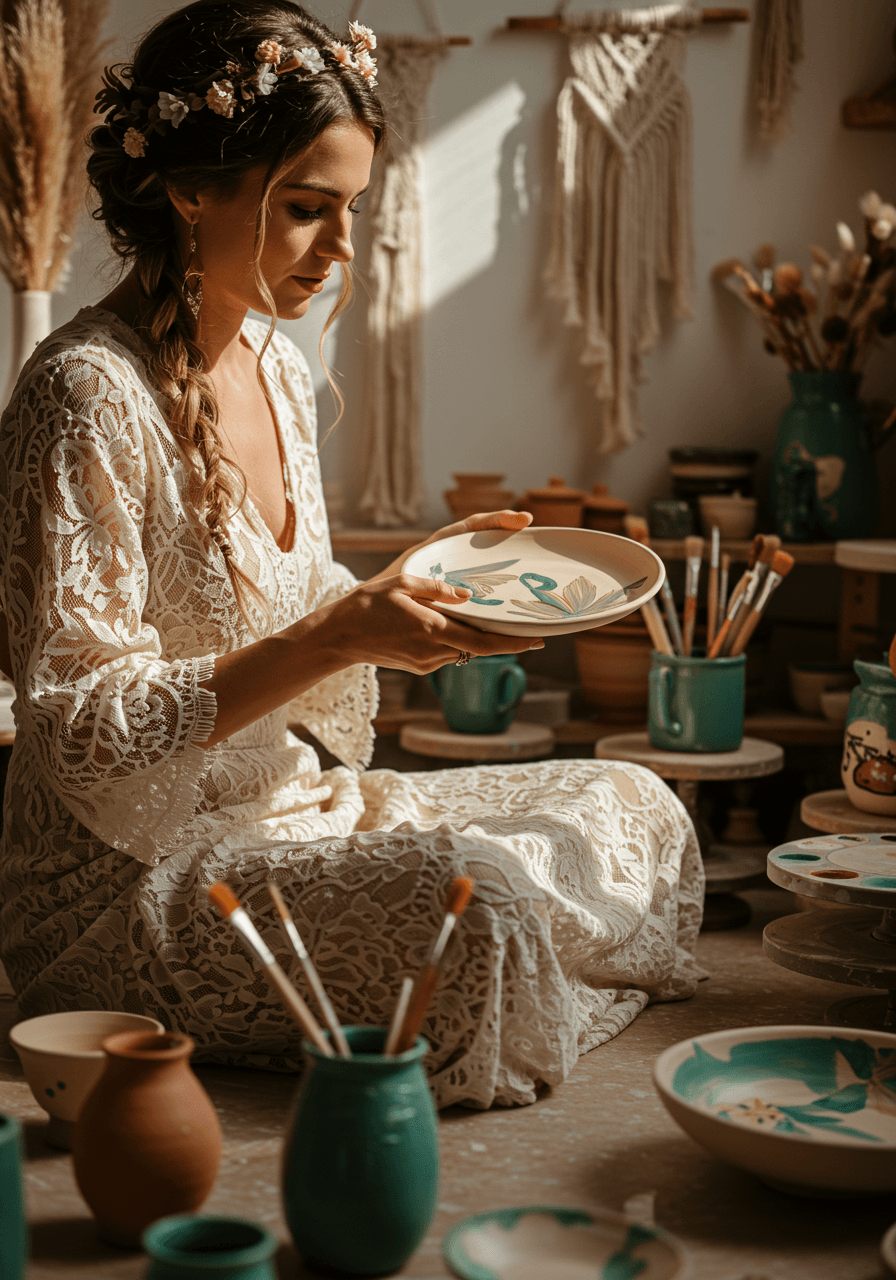 Close-up detail of finished hand-painted ceramic plate with terracotta and teal glazes