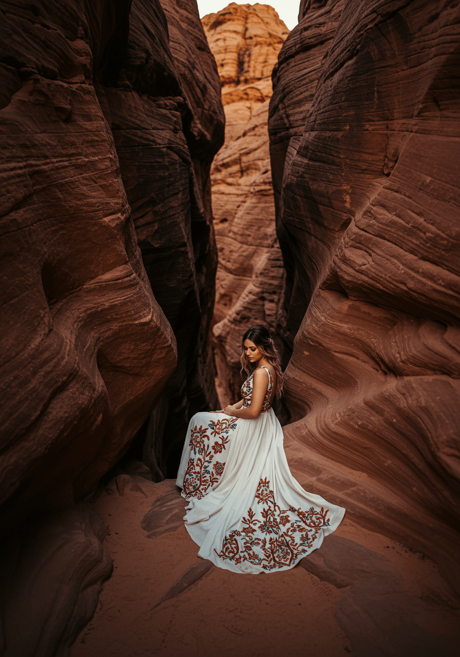 Canyon bride portrait with terracotta and teal accents against dramatic desert landscape