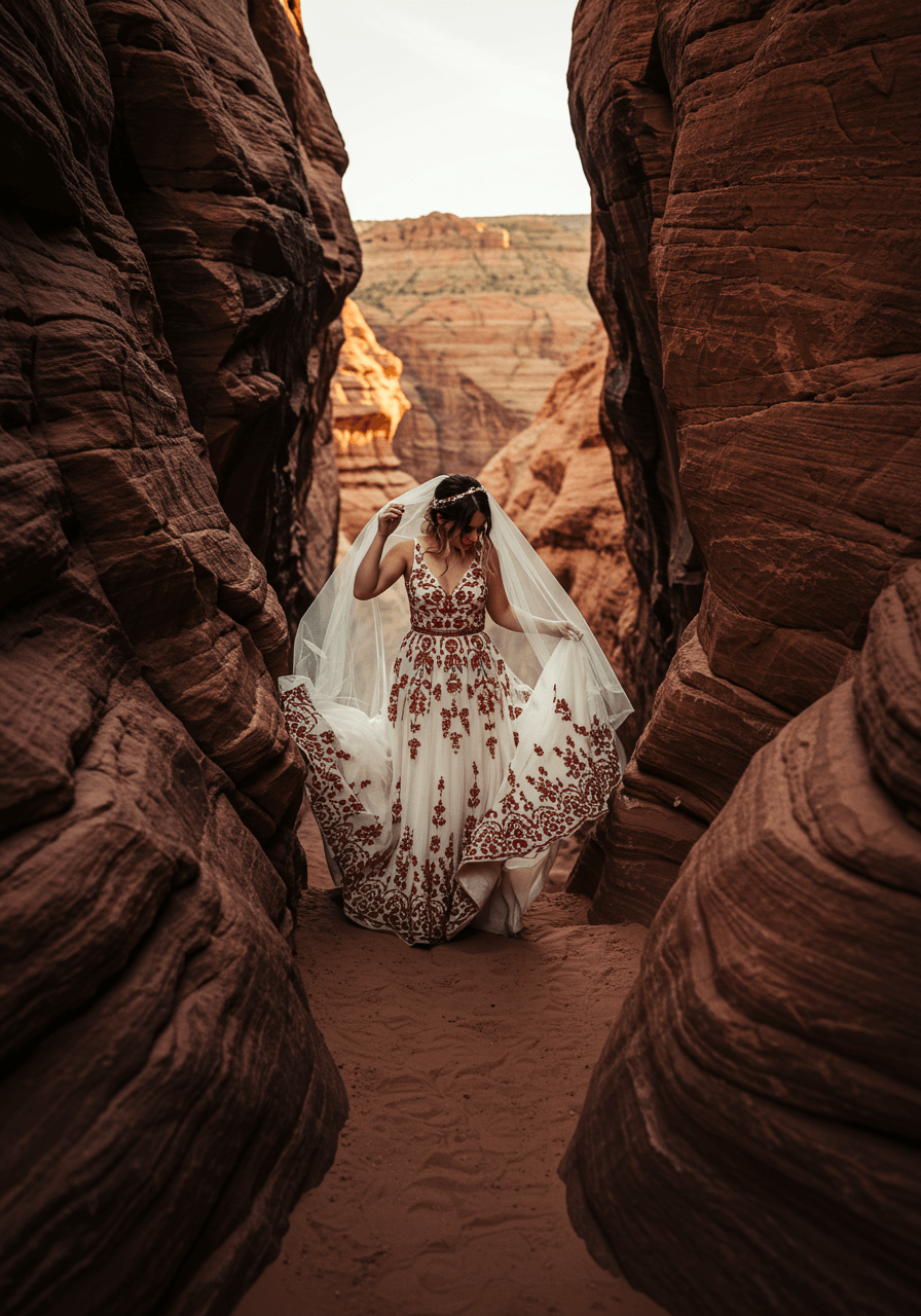 Adventurous bride on narrow canyon ledge with flowing veil and layered red rock formations