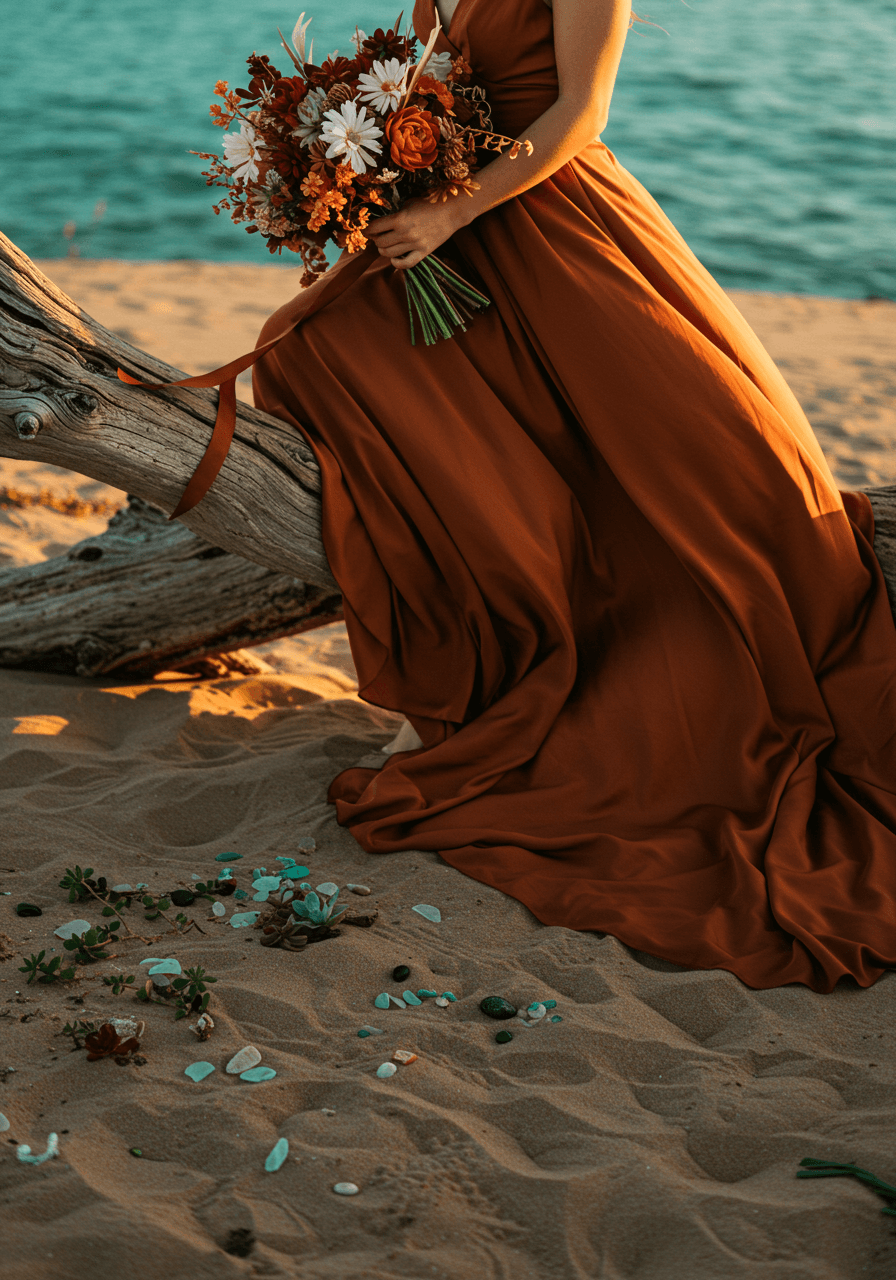 Desert meets sea bridal portrait with flowing terracotta dress and coastal elements
