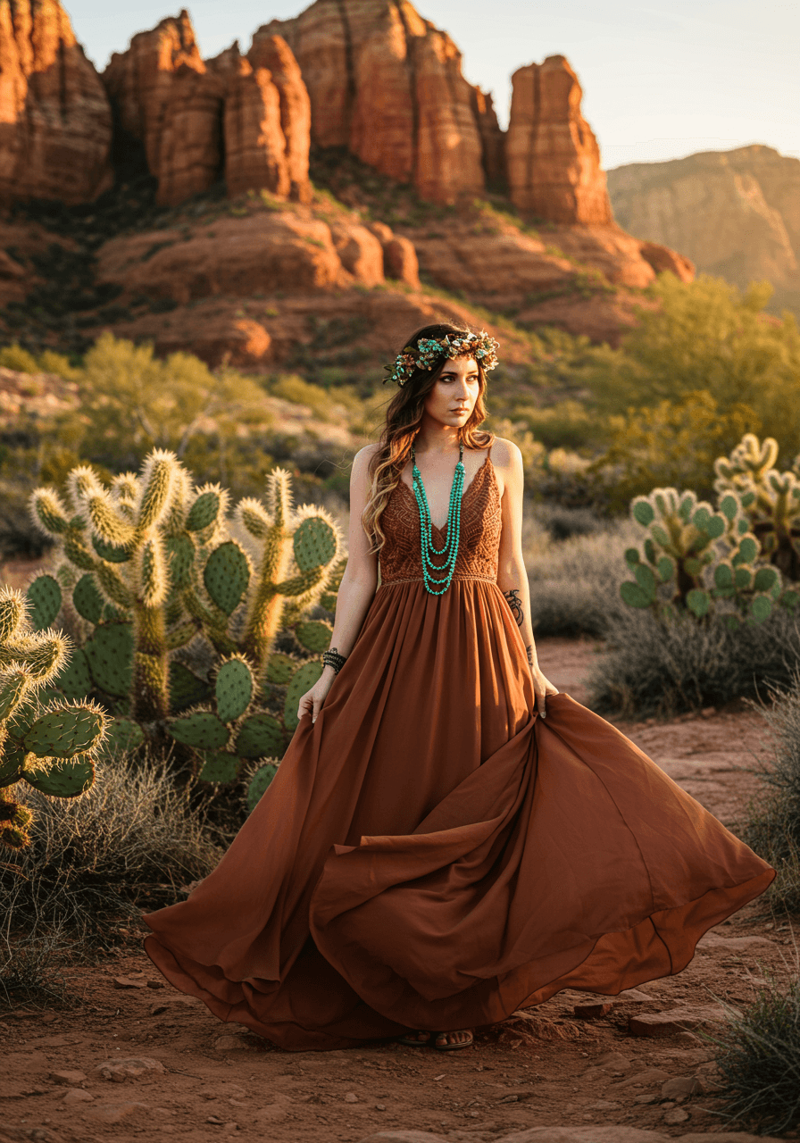 Bohemian bride in terracotta dress with turquoise jewellery standing among desert cacti at golden hour