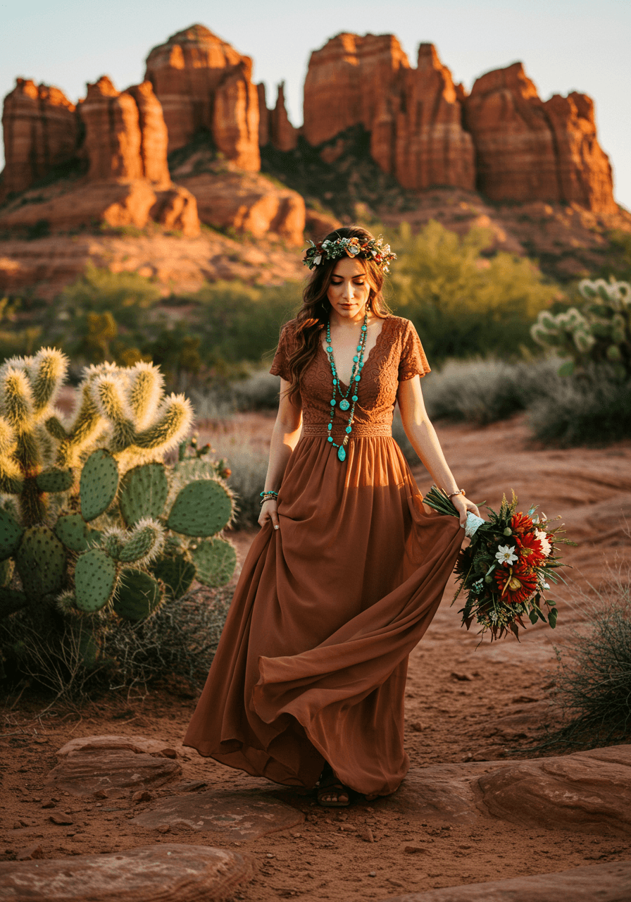 Free-spirited bride walking through golden desert grass in flowing terracotta bohemian dress
