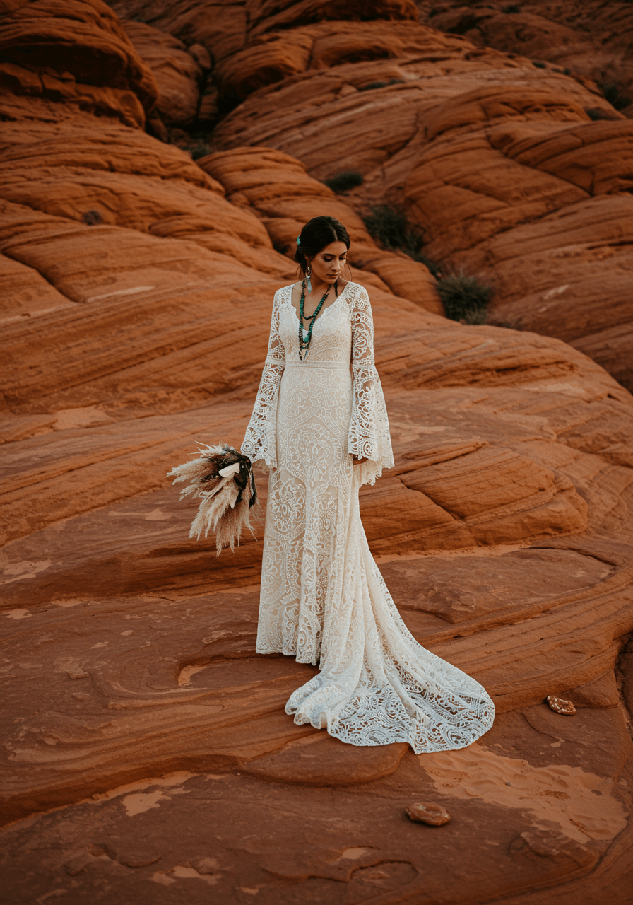 Desert bride standing among red sandstone with flowing lace dress and pampas grass bouquet