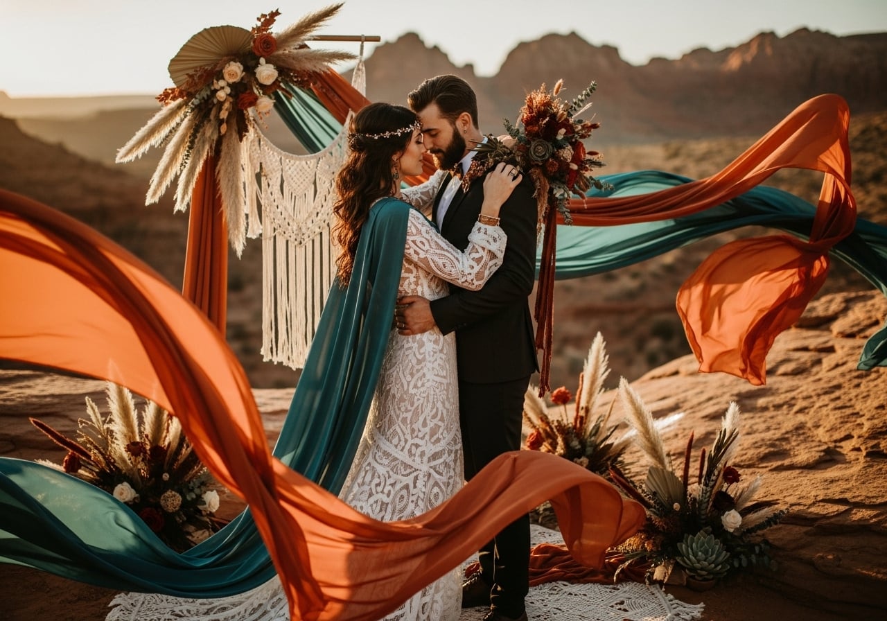 Featured image for Terracotta & Teal: 13 Bold Contrast Wedding Color Palettes for Boho Brides